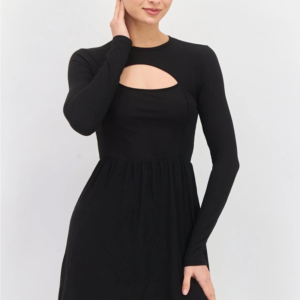 Aqua Black Long Sleeve Cutout Midi Dress